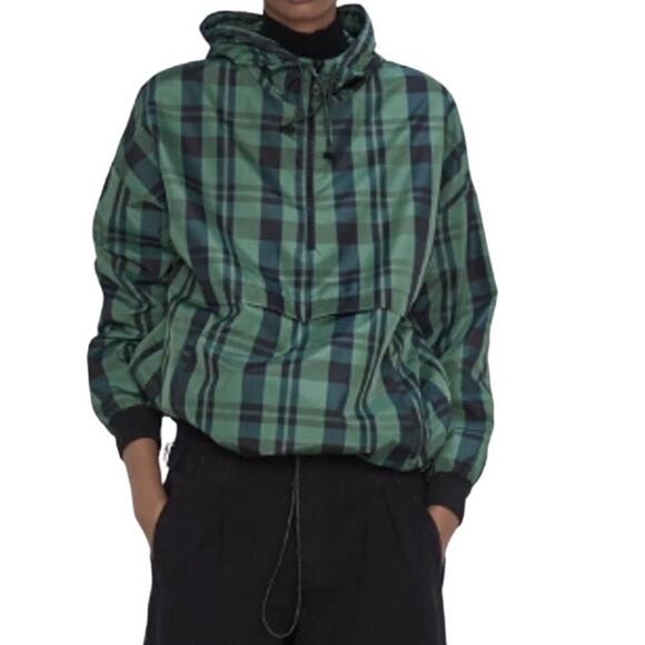 Zara Green & Black Plaid Windbreaker Pullover Hoodie Size Medium - Picture 1 of 9